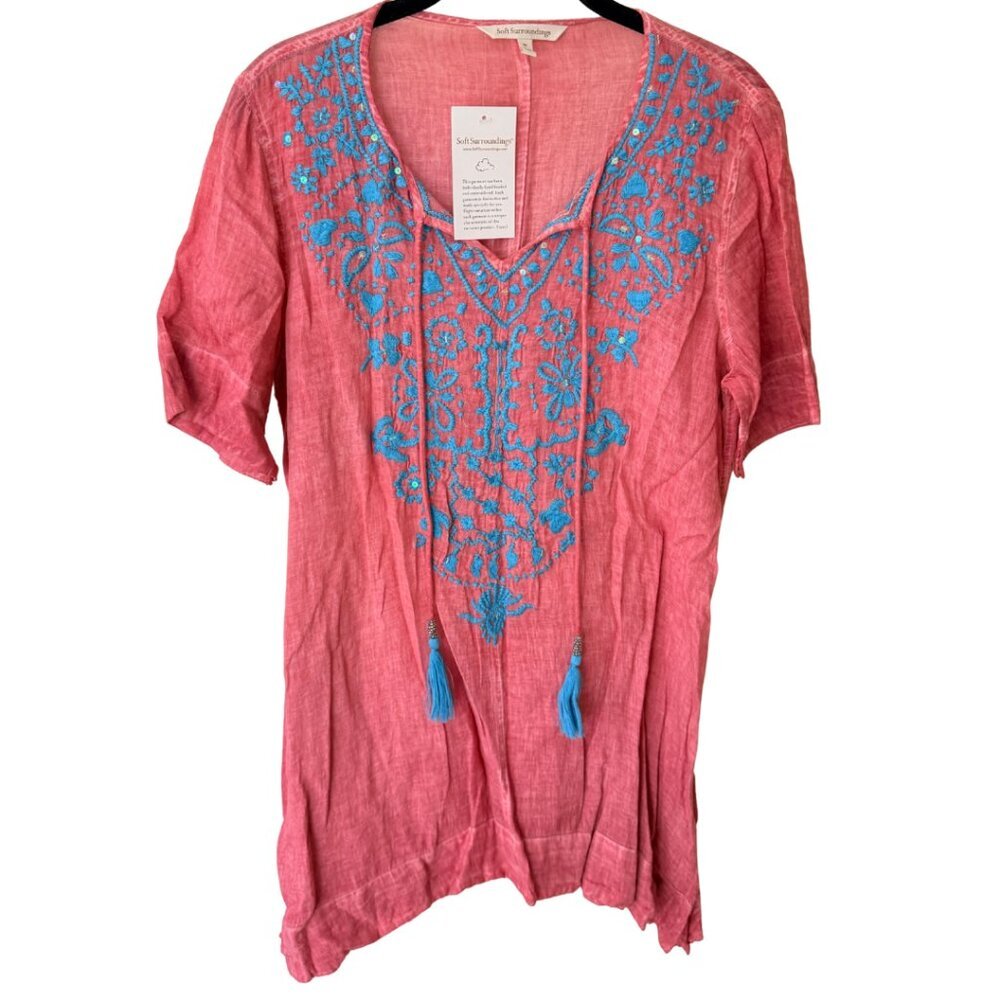 Soft Surroundings, coral/pink, embroidered, sequined, tunic, M, NWT